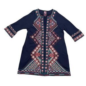 Johnny Was JWLA Women’s Embroidered Tunic Dress Navy Blue Boho 3/4 Sleeve Size M